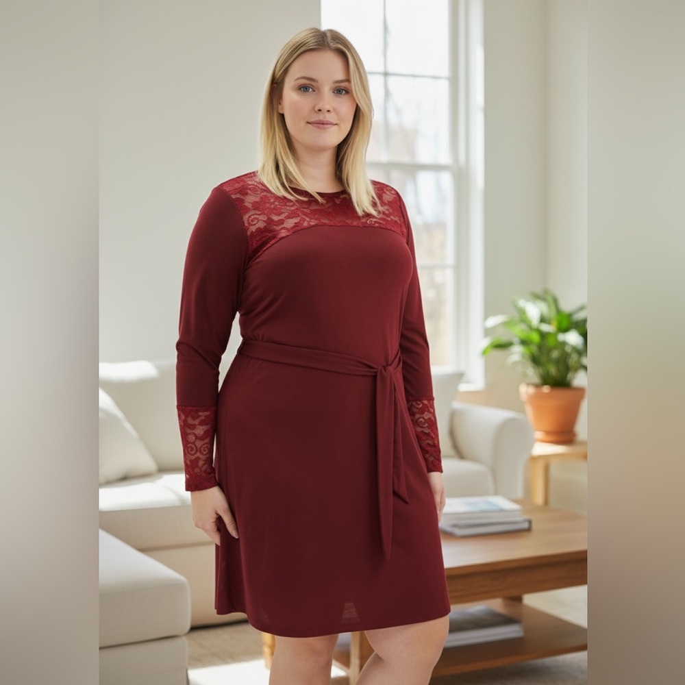 NEW• Sugared + Bronzed Lana Merlot Lace Detailed Swing Dress• XL-2X